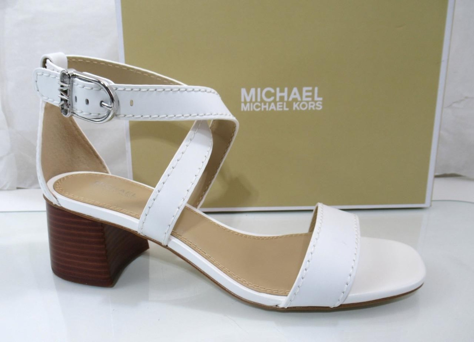 Michael Kors Ashton Mid Crisscross Stacked Block Sandal Leather White Size 9.5